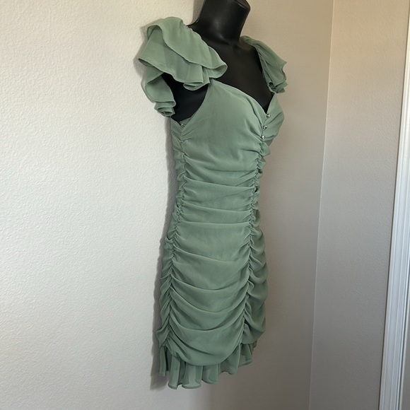 Zara Ruffled Ruched Flutter Off the Shoulder Mini Dress in Sage Light Green - Picture 9 of 15